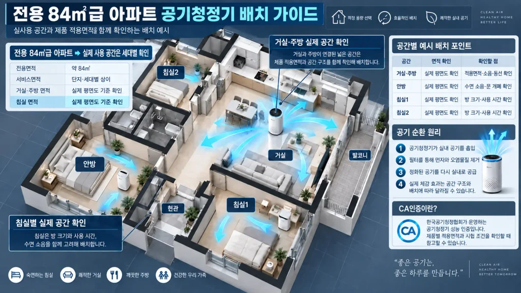 공기청정기 적정 용량 계산법과 전용 84㎡급 아파트 배치 예시 인포그래픽