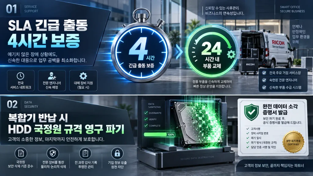 사무실 복합기 SLA 보증 출동 시간 및 하드디스크 영구 파기 프로세스 안내 인포그래픽