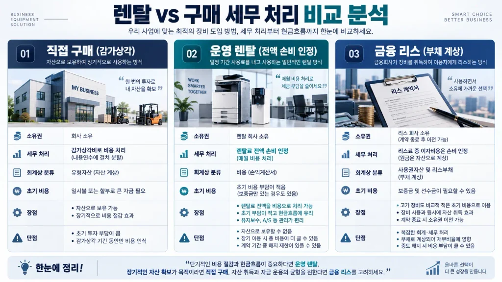 사업자 렌탈료 경비처리 세법 요건 및 자산 취득 방식 비교 인포그래픽