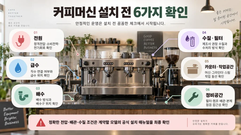 업소용 커피머신 렌탈 설치 전 전원 급수 배수 수질 작업공간 정비공간 체크리스트