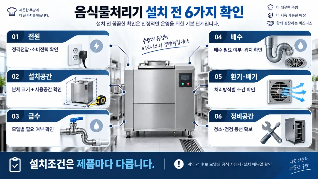 업소용 음식물처리기 전원 급수 배수 환기 설치조건 체크리스트