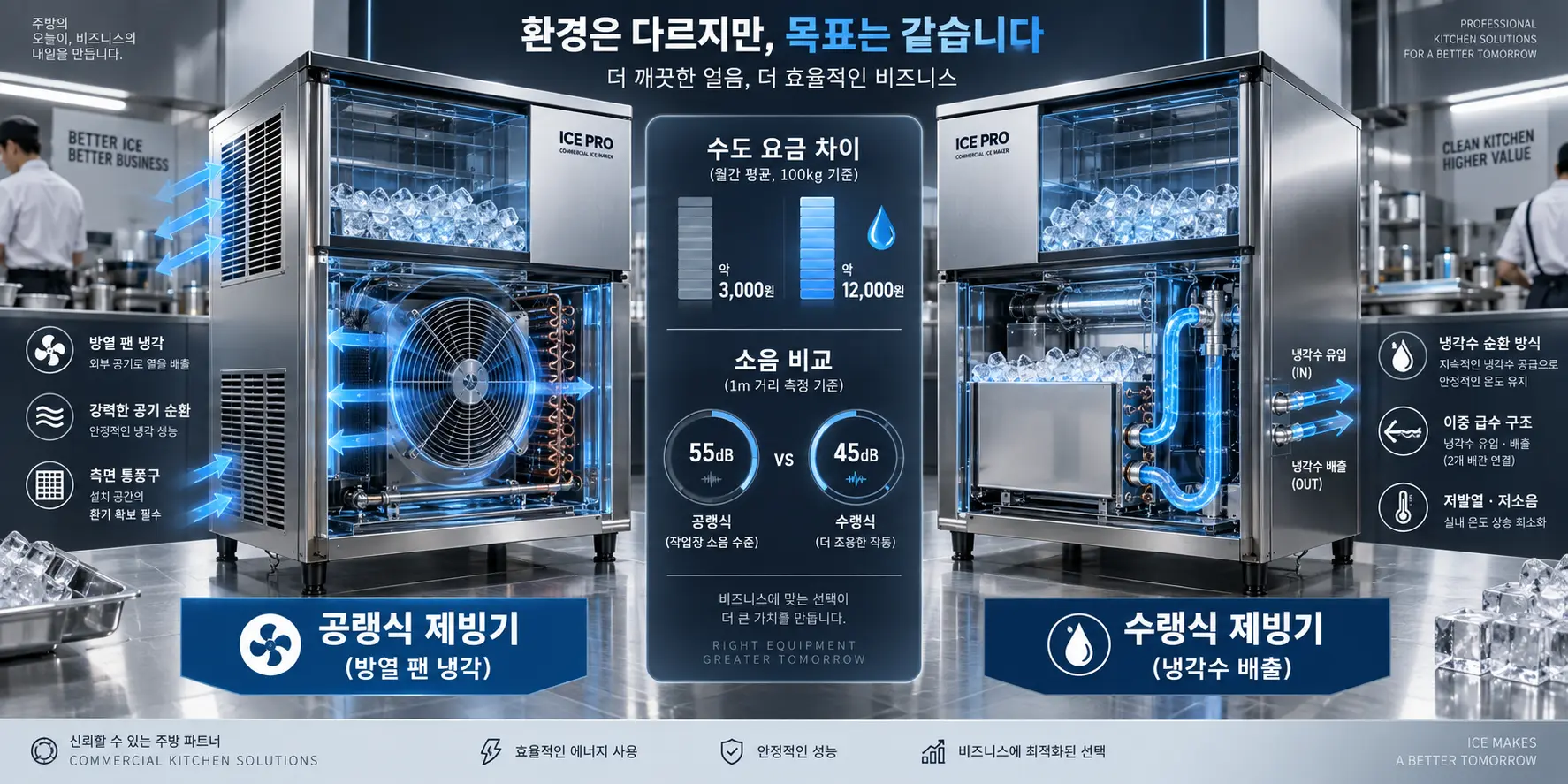 업소용 제빙기 렌탈 공랭식 vs 수랭식 냉각 구조 및 수도 요금 총비용 비교 분석