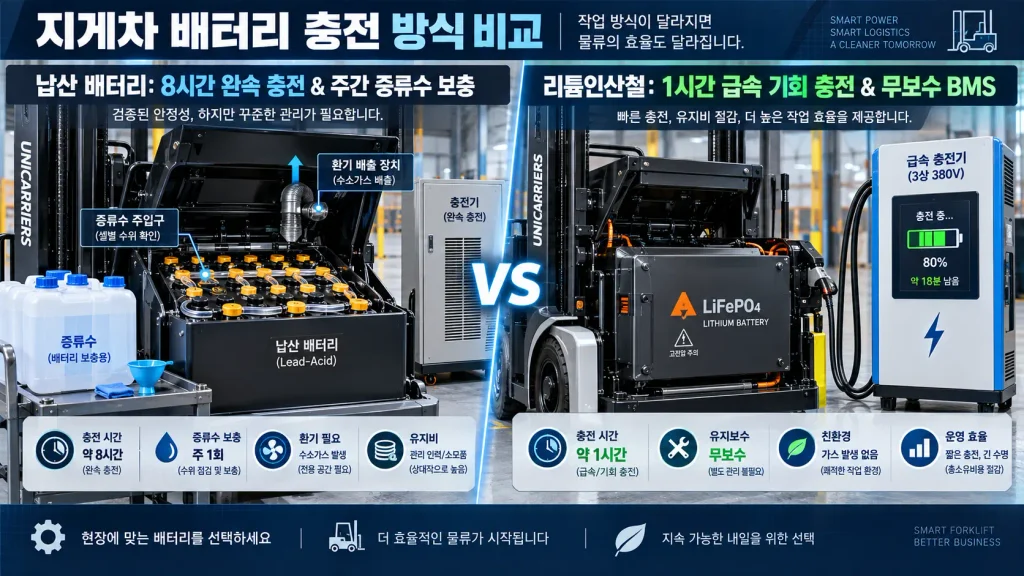 전동지게차 렌탈 시 납산 배터리와 리튬 배터리 충전 및 관리방식 비교