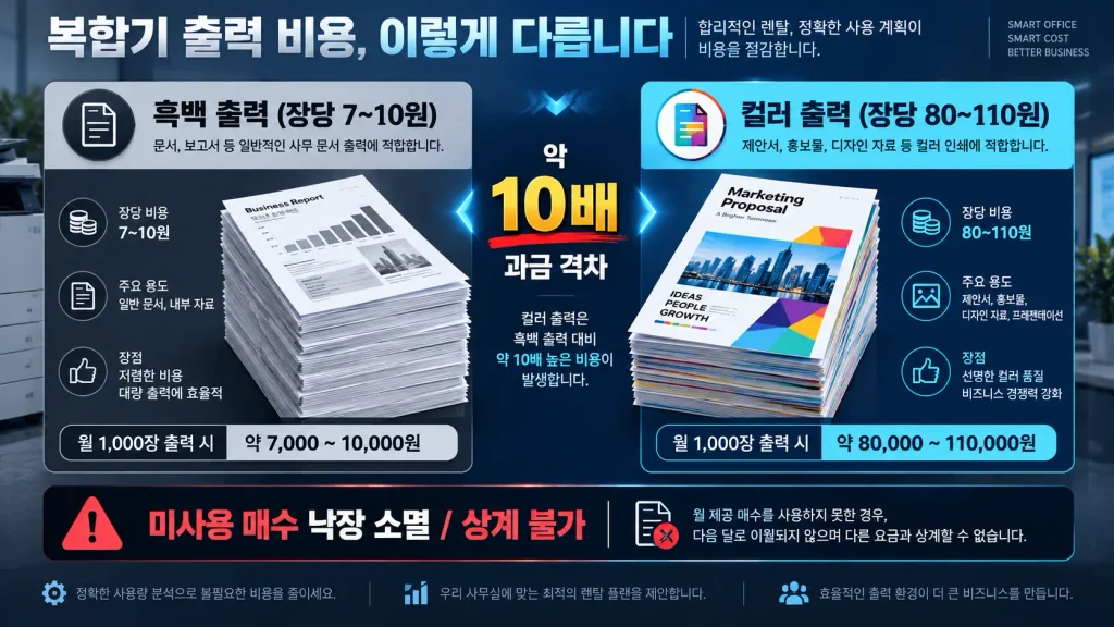 사무실 복합기 렌탈 월 기본 매수 및 흑백 컬러 장당 초과 과금 체계 인포그래픽