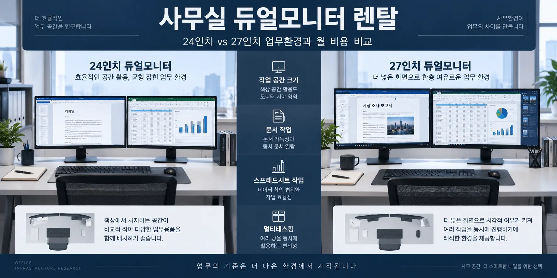 사무실 듀얼모니터 렌탈 24인치와 27인치 업무환경 비교