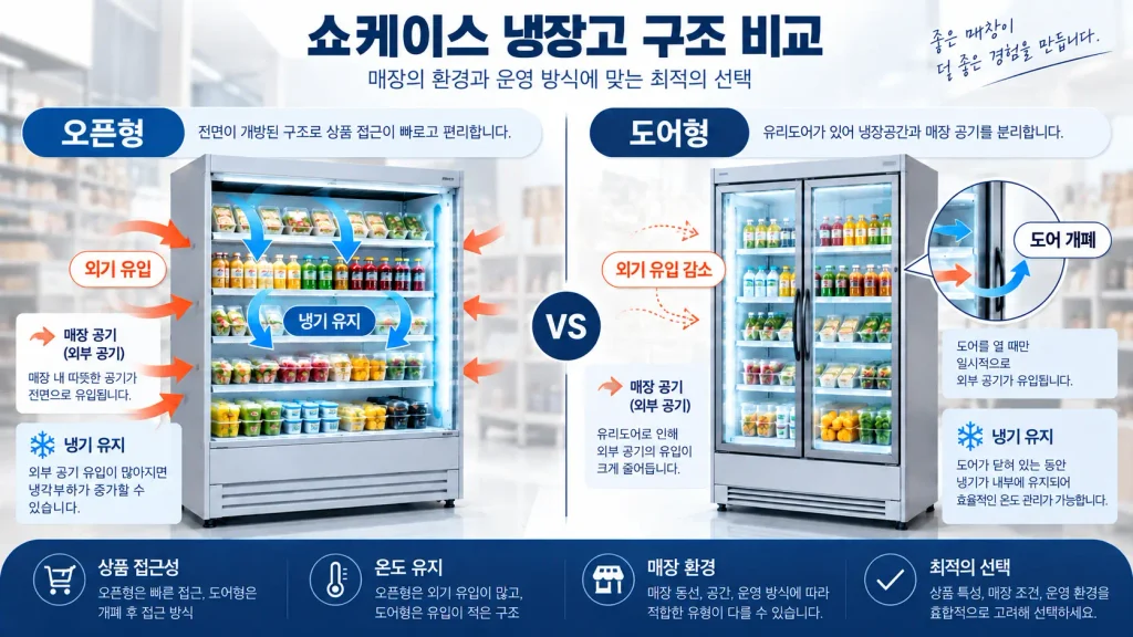 오픈형과 도어형 쇼케이스 냉장고의 외기 유입과 냉기 유지 구조 비교