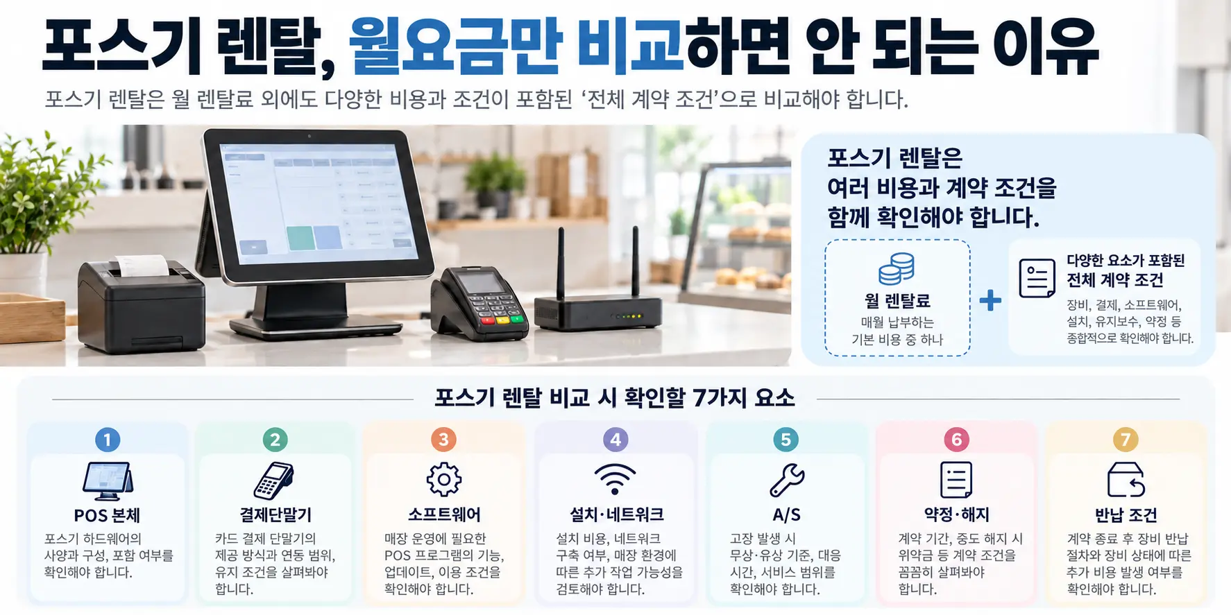 포스기 렌탈 비용과 약정 조건을 구분한 POS 단말기 체크리스트