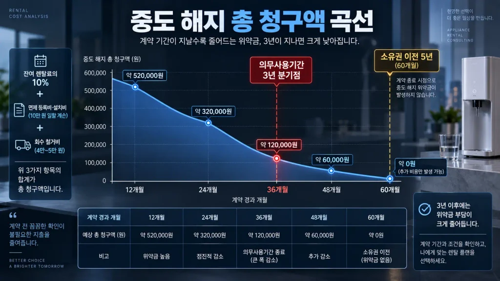 정수기 렌탈 위약금 계산 약정 기간 경과별 중도 해지 총 청구액 곡선 그래프