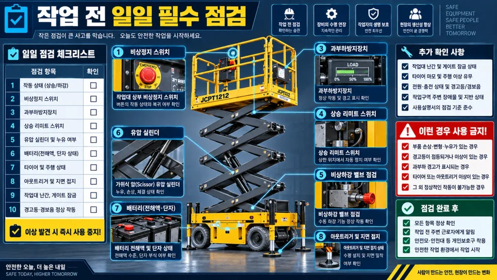 한국산업안전보건공단 지침 기반 시저형 고소작업대 일일 법정 안전 점검 항목 다이어그램