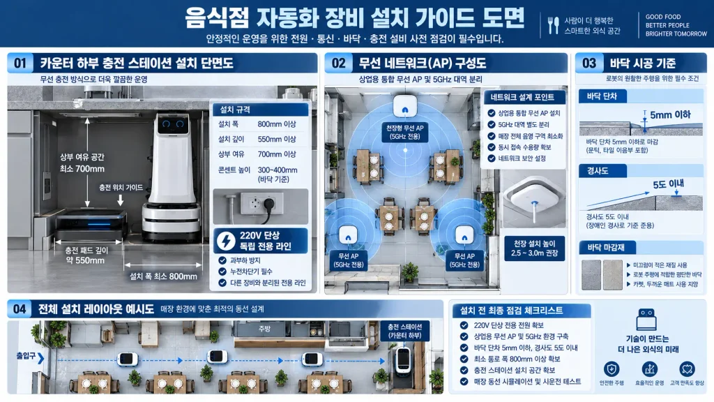 서빙로봇 렌탈 설치 전 네트워크 충전 위치와 매장 바닥 환경 확인 항목