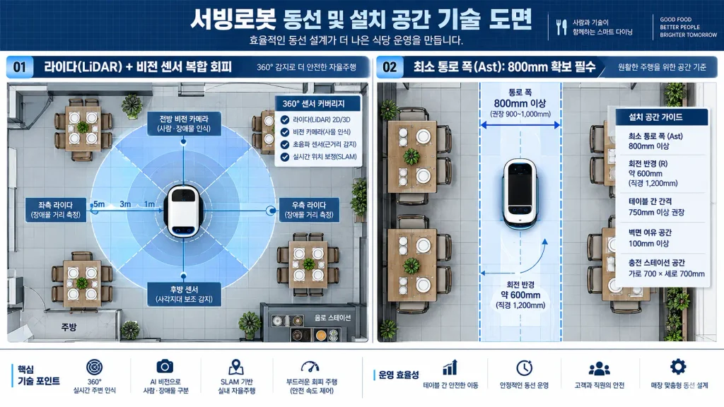 서빙로봇 렌탈 전 LiDAR 센서와 SLAM 주행 방식 및 매장 통로 확인 항목