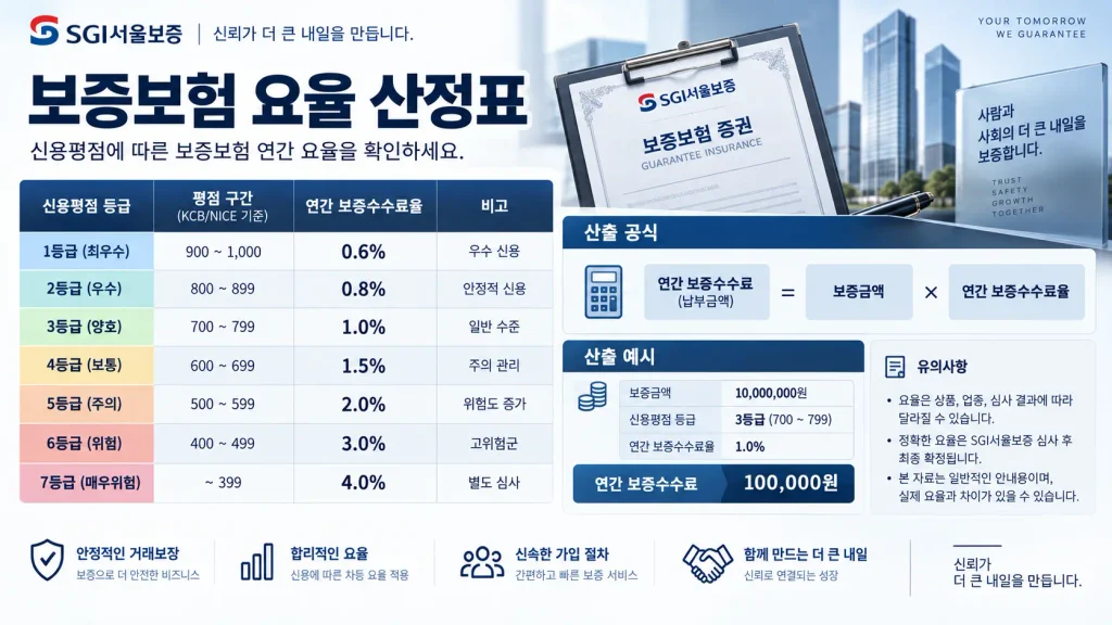 렌탈 보증보험 수수료 산정표 및 신용등급별 SGI서울보증 연간 요율 비교