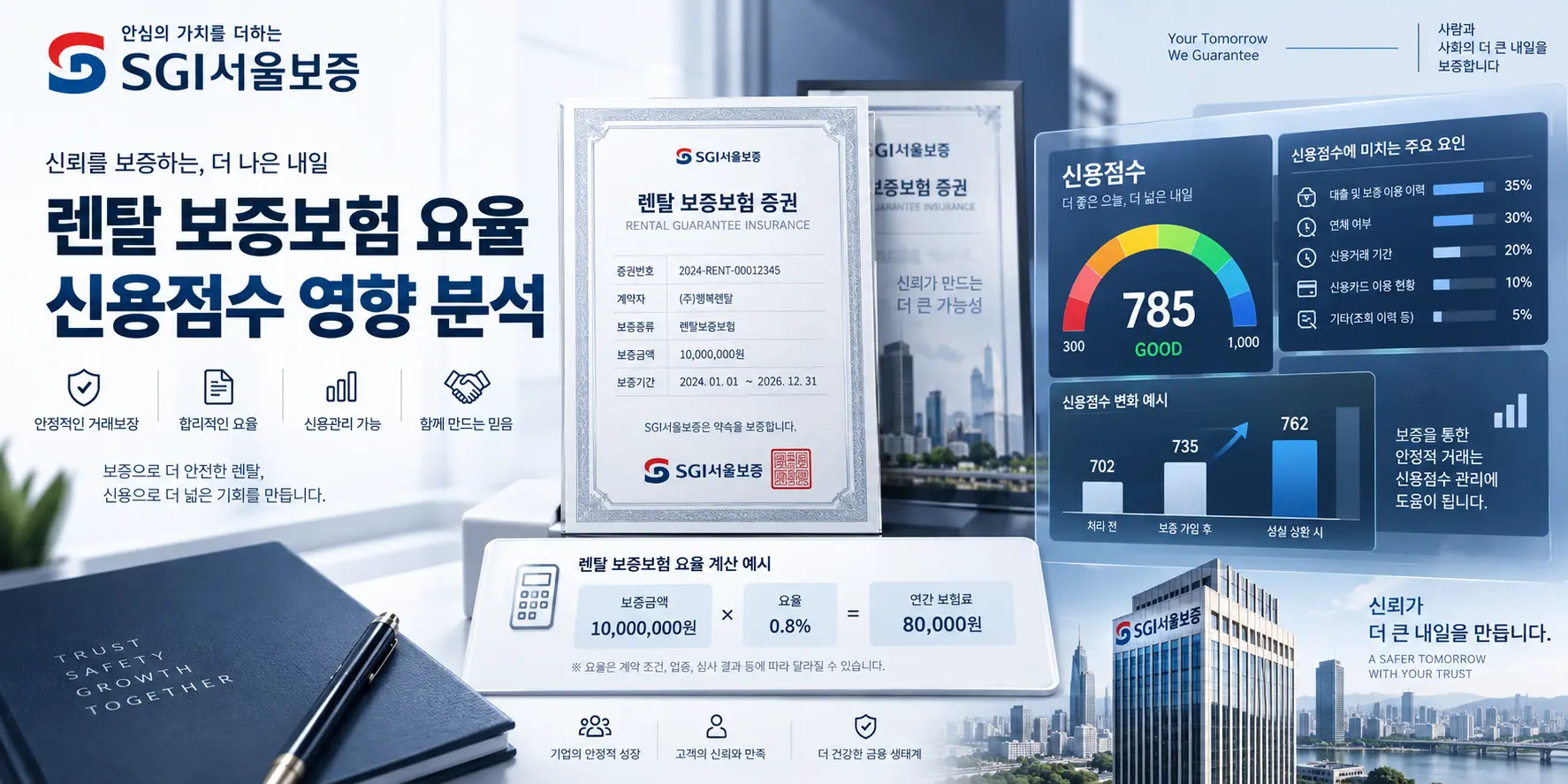 렌탈 보증보험 수수료율 계산법 및 SGI서울보증 신용점수 영향 인포그래픽