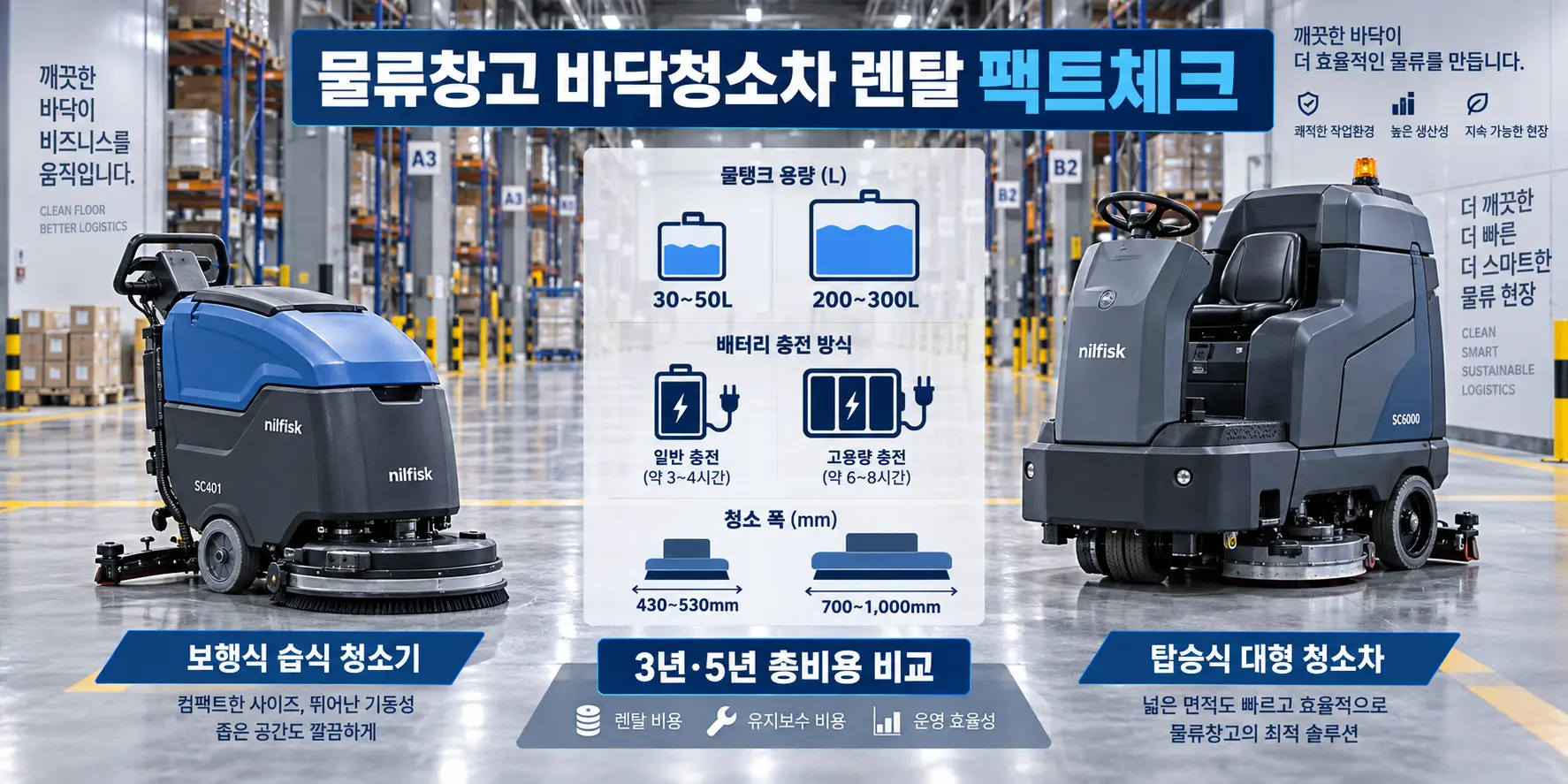 물류창고 바닥청소차 렌탈 보행식 vs 탑승식 습식 청소기 3년 5년 총비용 비교 인포그래픽