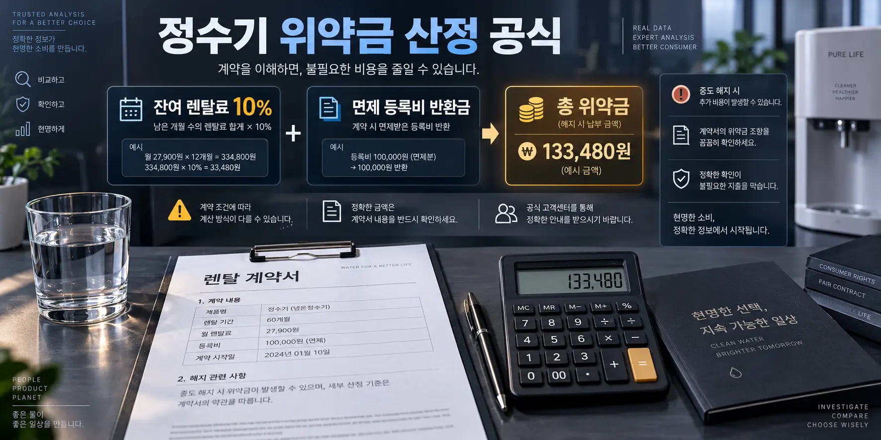 정수기 렌탈 위약금 계산 공식: 잔여 개월 10% 및 면제 등록비 반환 안내