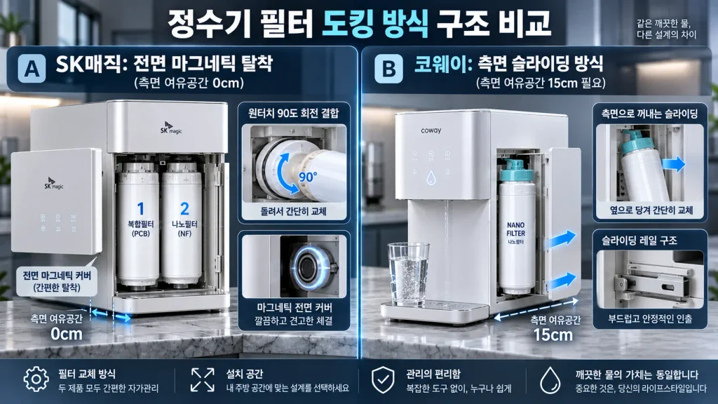 SK매직 코웨이 정수기 비교: 전면 오픈형 필터 소켓과 측면 카트리지 교체 필요 공간 실측