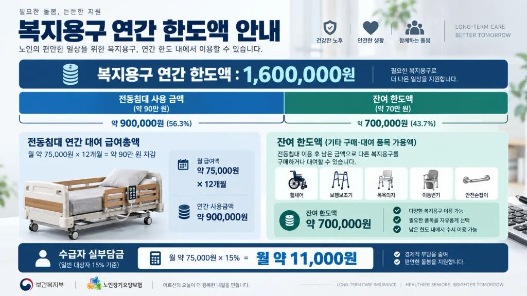 복지용구 연간 지원 한도액 160만원 공단부담금 및 전동침대 월 대여료 차감 시뮬레이션