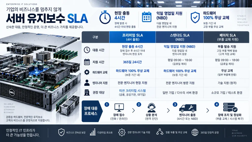 워크스테이션 서버 렌탈 SLA 유지보수 등급별 4시간 출동 및 무상 부품 교체 제원표
