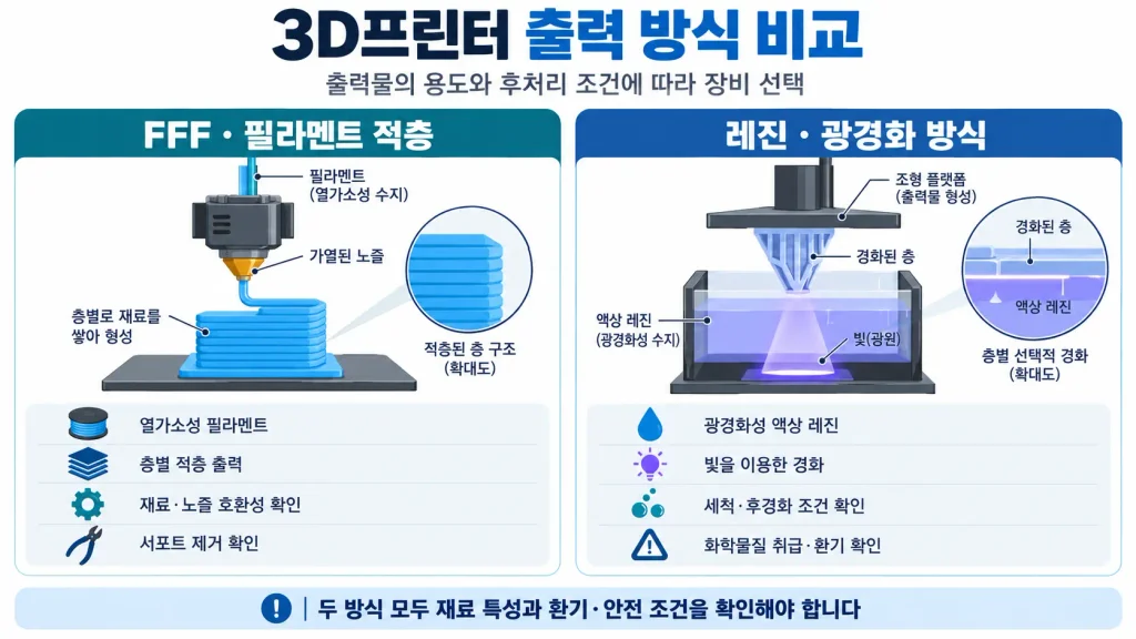 필라멘트 적층 방식 FFF와 광경화성 레진 방식 3D프린터의 출력 과정, 후처리 및 대여 시 확인사항 비교