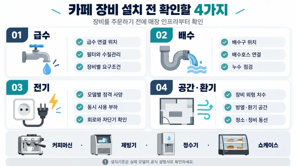 카페 창업 장비 렌탈 설치 전 급수·배수·전기·설치공간과 환기 점검 인포그래픽