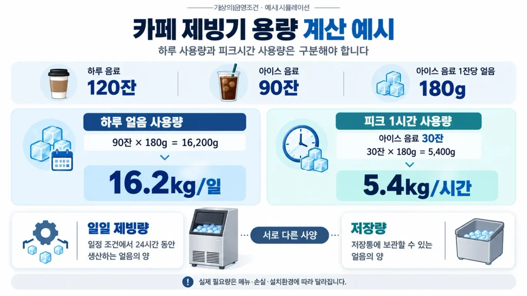 카페 창업 장비 렌탈 제빙기 용량 계산 예시, 하루 얼음 16.2kg과 피크 1시간 5.4kg