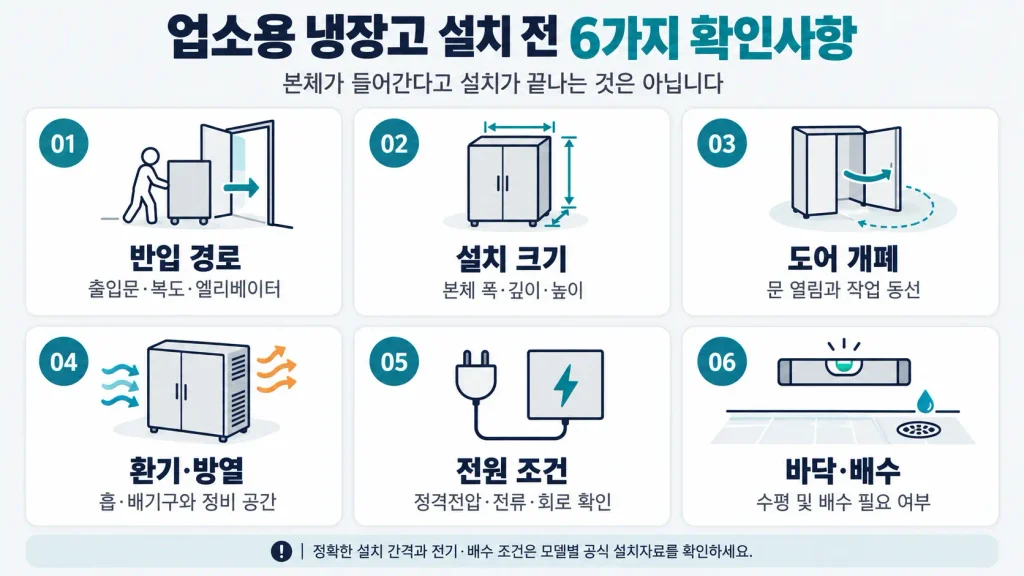 업소용 냉장고 설치 전 반입 경로 도어 공간 환기 전원 배수 수평 확인 체크리스트