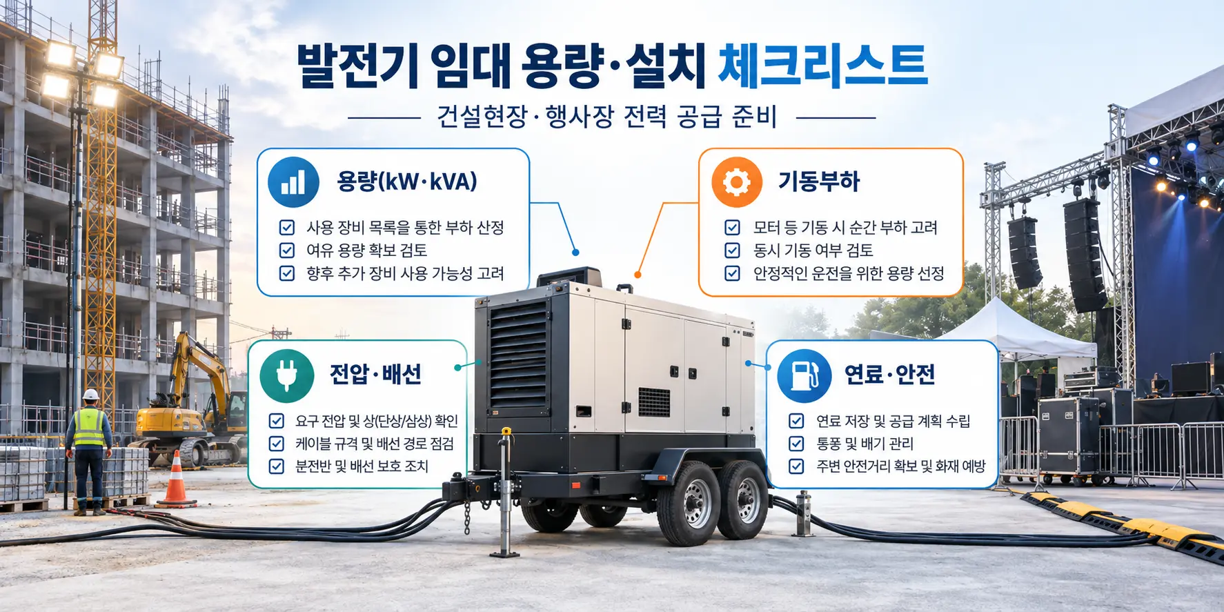 발전기 임대 건설현장 행사장 용량 계산 및 설치 체크리스트