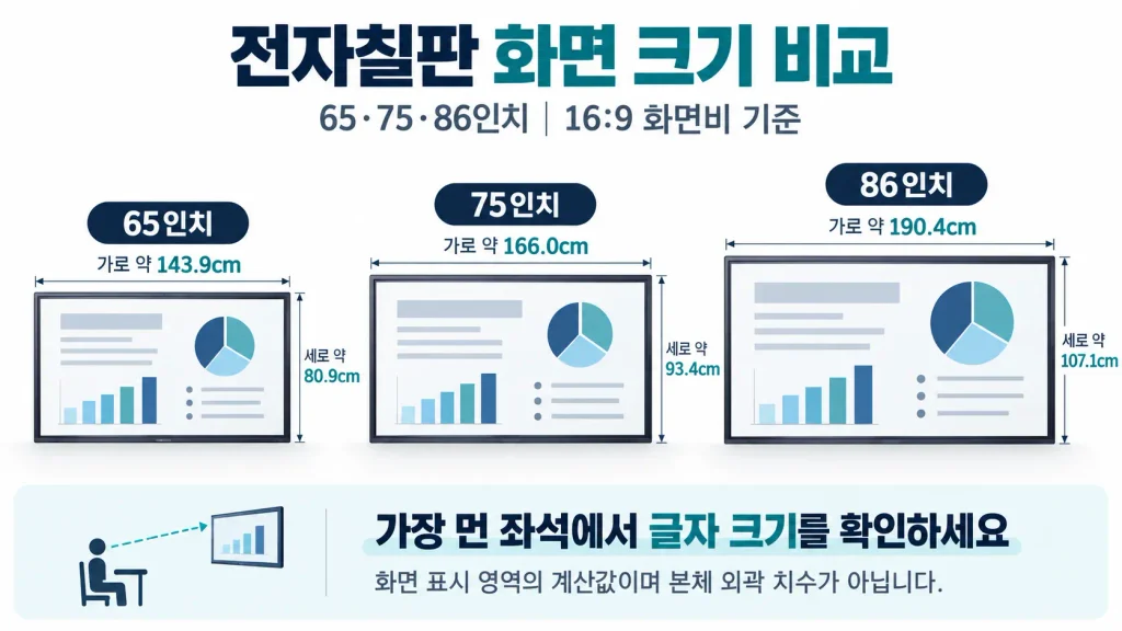 16대9 화면비 기준 65인치, 75인치, 86인치 전자칠판의 화면 가로·세로 크기 비교
