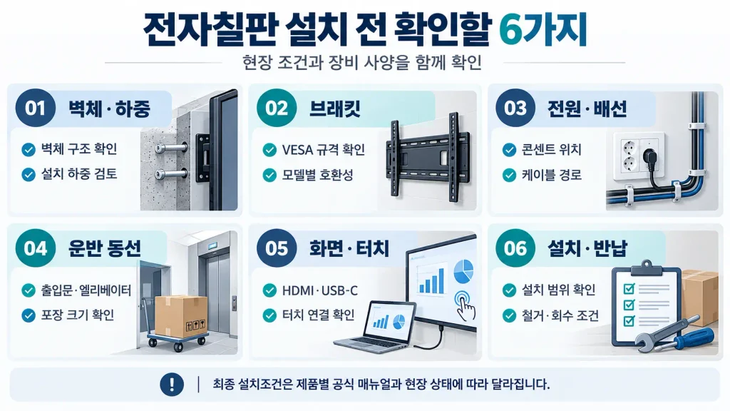 전자칠판 설치 전 벽체 하중, 브래킷 규격, 전원과 배선, 운반 동선, 터치 연결 및 철거 조건을 확인하는 체크리스트