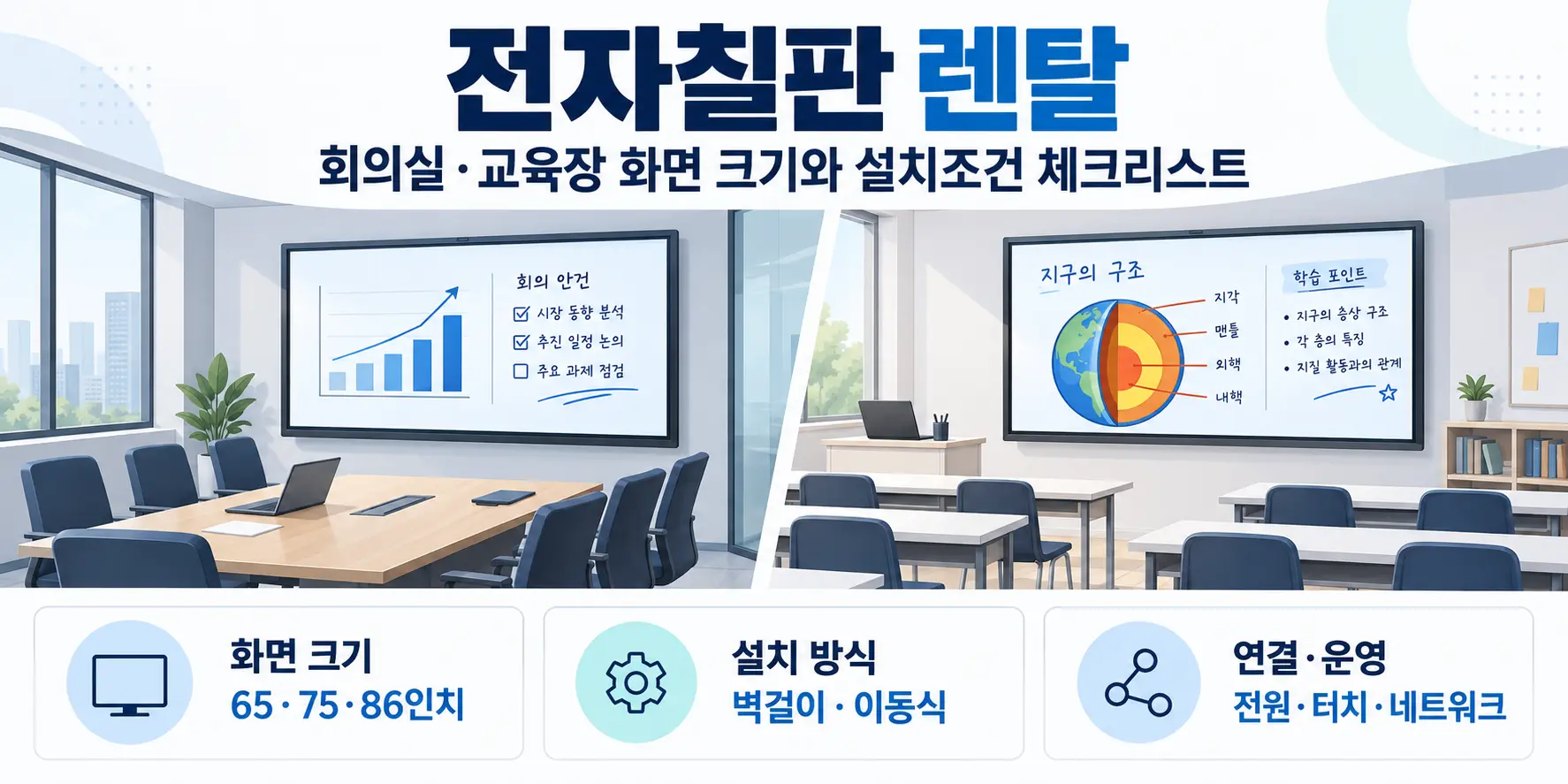 전자칠판 렌탈 전 회의실과 교육장에 적합한 화면 크기, 설치 방식, 연결 조건을 비교하는 안내 이미지