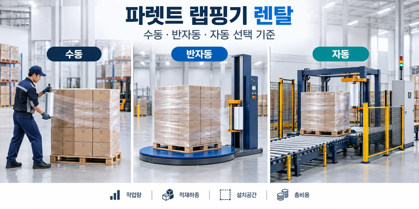 파렛트 랩핑기 렌탈 수동 반자동 자동 방식 선택 기준