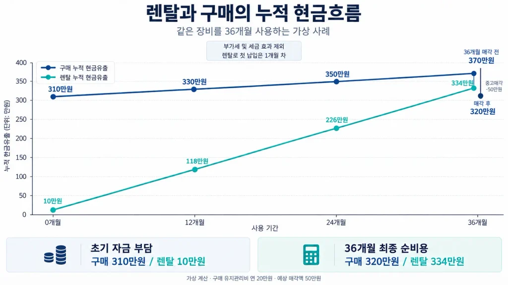 사업자 렌탈 vs 구매 0개월부터 36개월까지 누적 현금유출 비교 그래프
